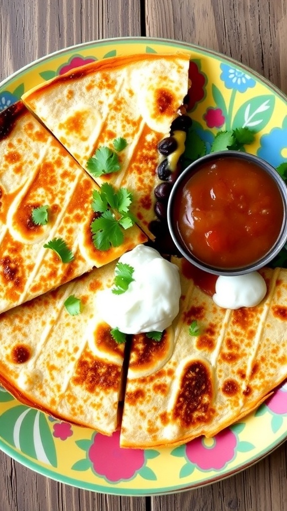 Crispy black bean quesadilla cut into wedges, garnished with cilantro, served with salsa and sour cream.